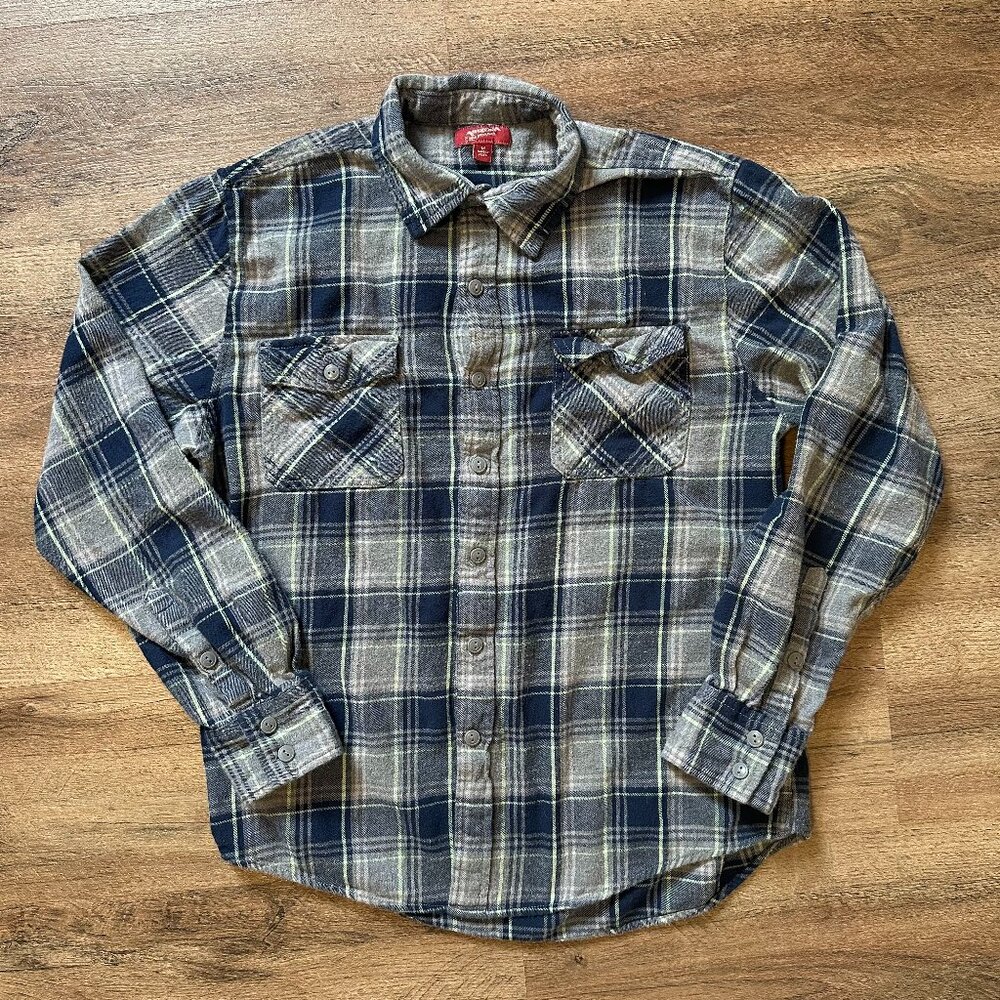 Arizona Jeans Casual Button Down Mens Medium Gray Plaid Rugged Flannel Shirt